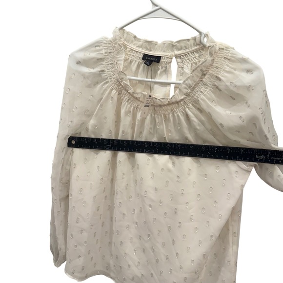 Talbots Womens Small Cream Silver Metallic Clip Dot Smocked Ruffle Blouse NWT - Picture 2 of 7